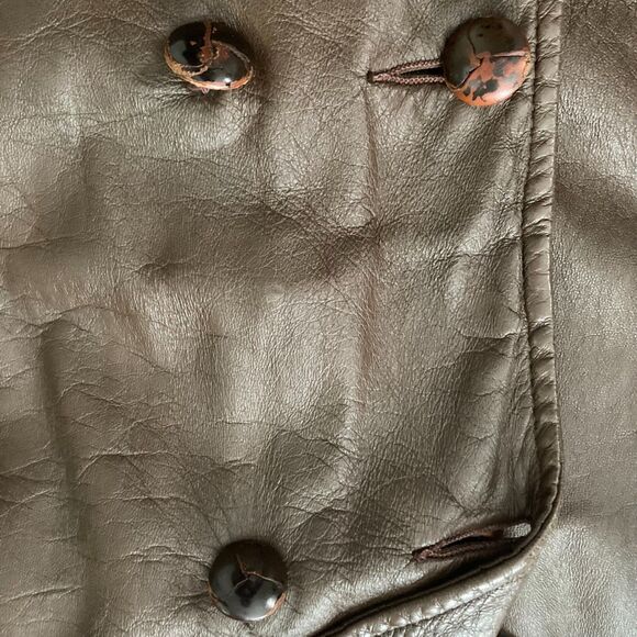 Vintage 1980s Brown Leather Pea Coat Trench Style Overcoat - Mens Size M/L - Picture 10 of 10